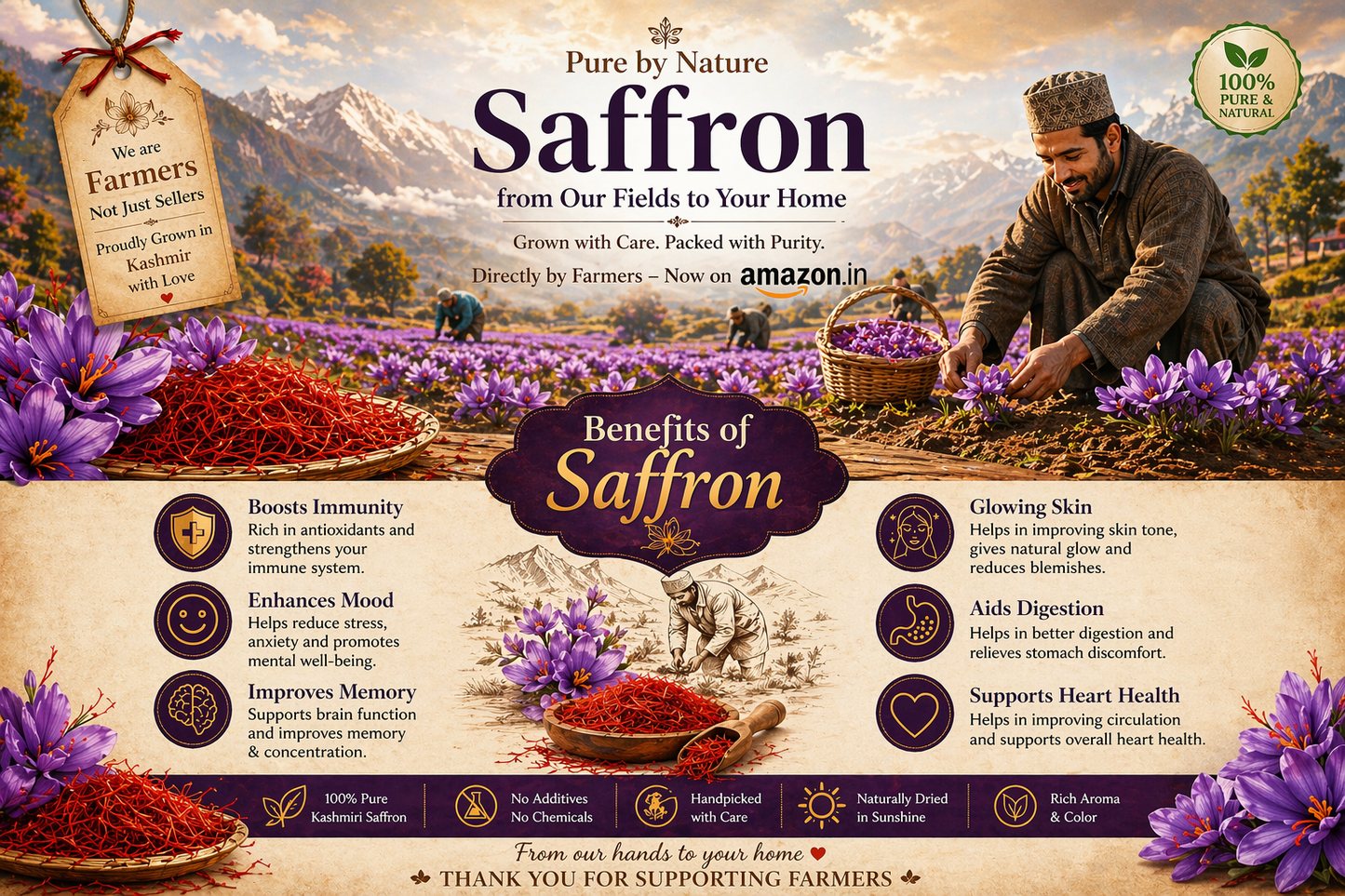 SaffronTownKashmir™ Pampore Mongra Saffron | Hand-Harvested Kashmiri Red Gold | Grade A+ Pure Kesar