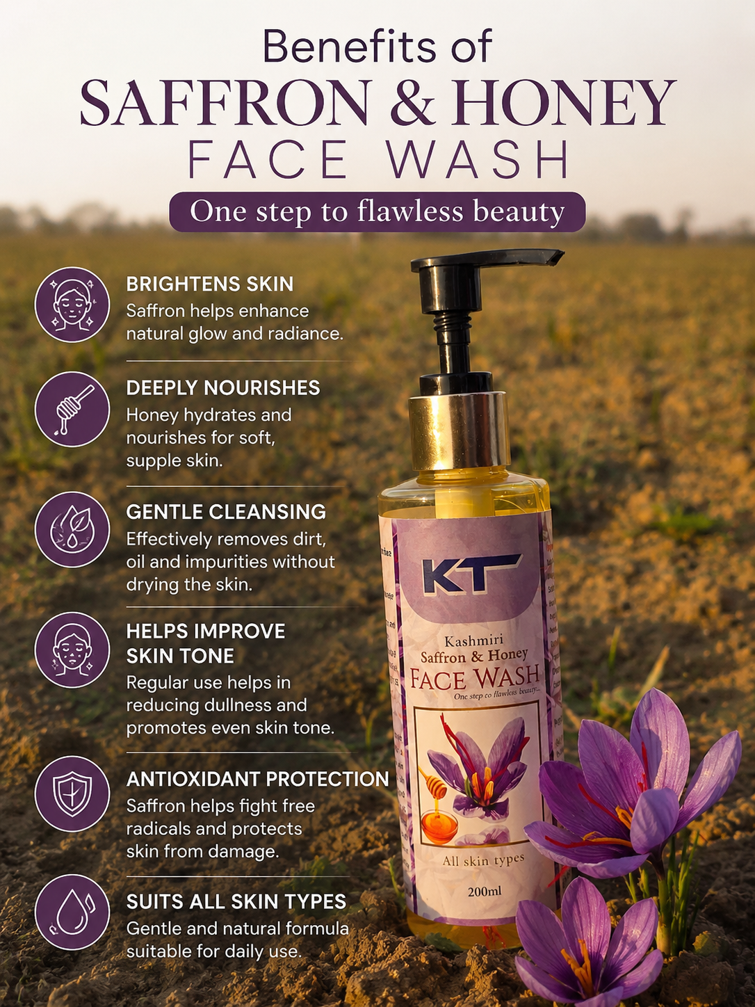 SaffronTownKashmir&Co™ Premium Kashmiri Saffron & Honey Face Wash | Deep Cleansing & Natural Glow | For All Skin Types