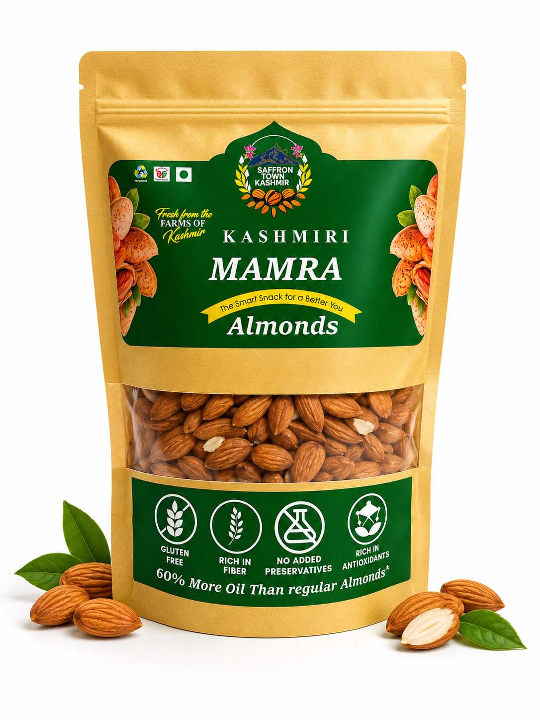 SaffronTownKashmir&Co™ Premium Kashmiri Gulbandi Mamra Almonds, Naturally Sweet, High Oil Content, Up to 60% More Oil Than Regular Almonds, Farm Harvested & Naturally Sun-Dried