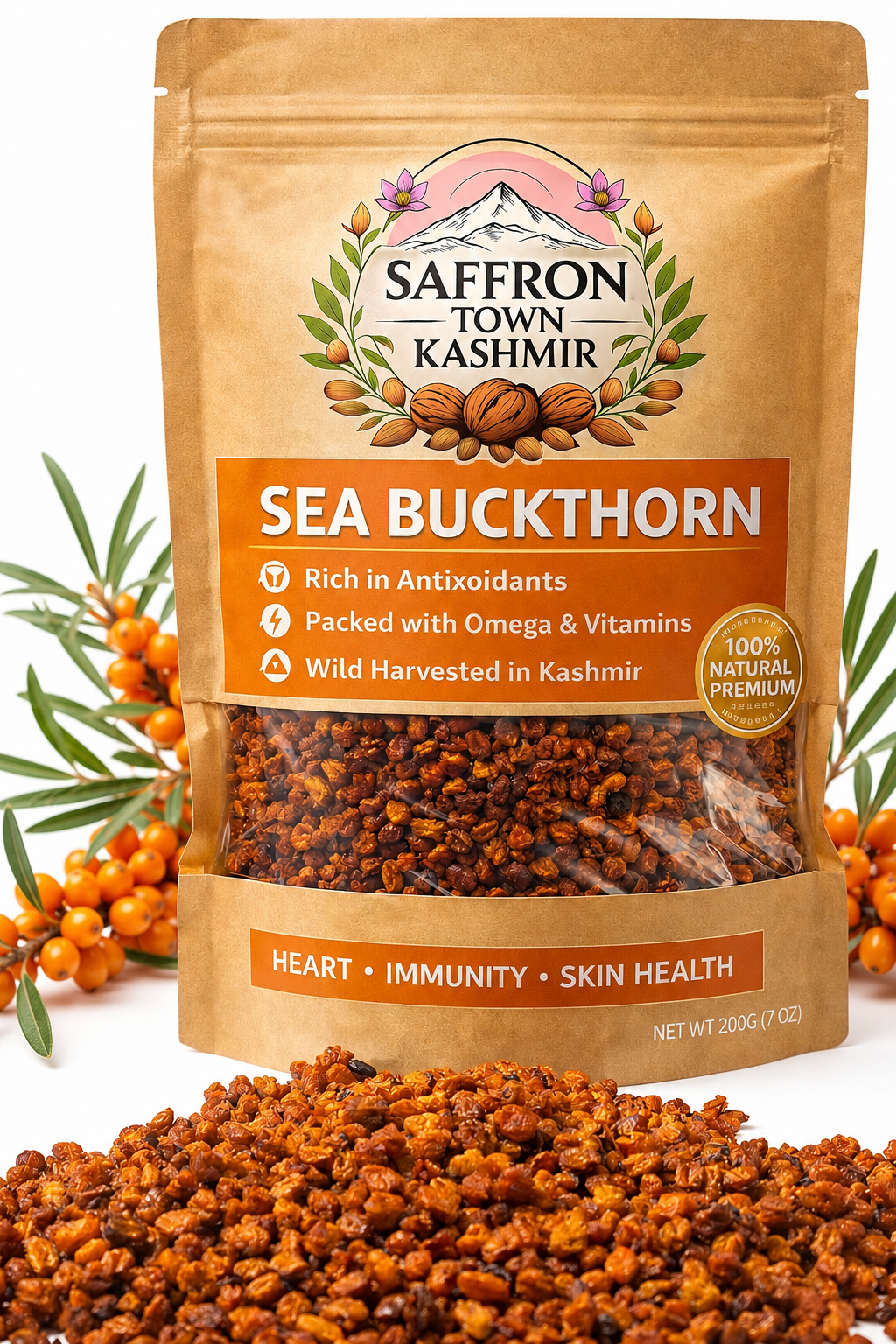SaffronTownKashmir™ Dried Sea Buckthorn Berries
Nature’s Superberry Rich in Antioxidants & Omega 3, 6, 7, and 9