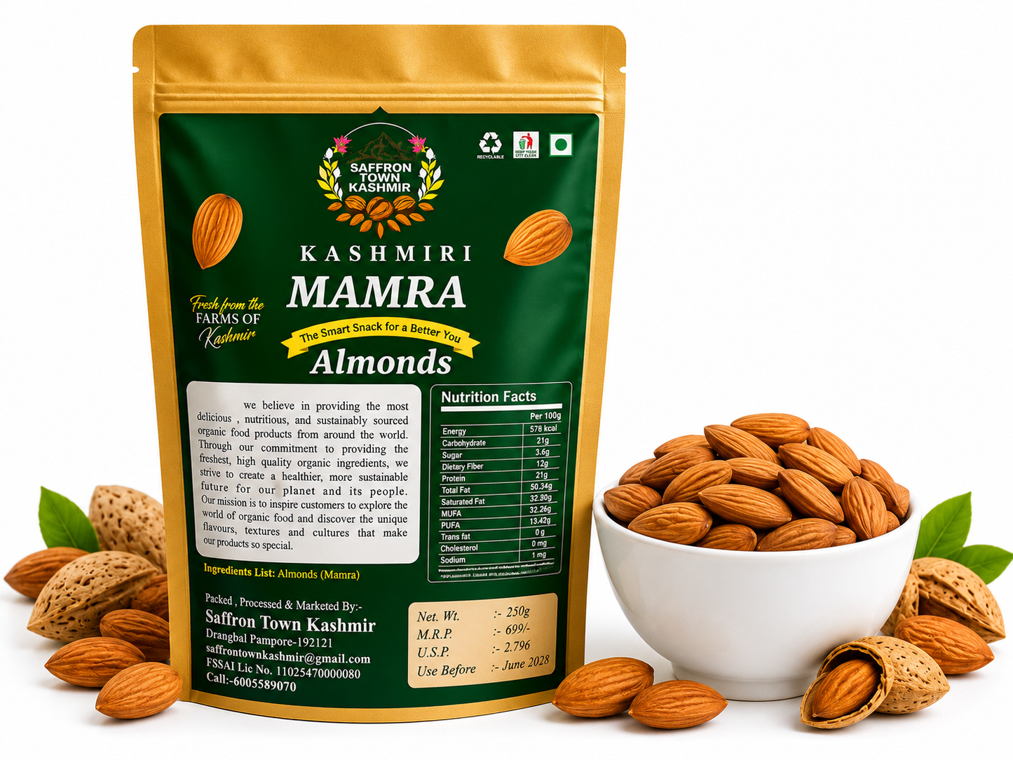 SaffronTownKashmir&Co™ Premium Kashmiri Gulbandi Mamra Almonds, Naturally Sweet, High Oil Content, Up to 60% More Oil Than Regular Almonds, Farm Harvested & Naturally Sun-Dried