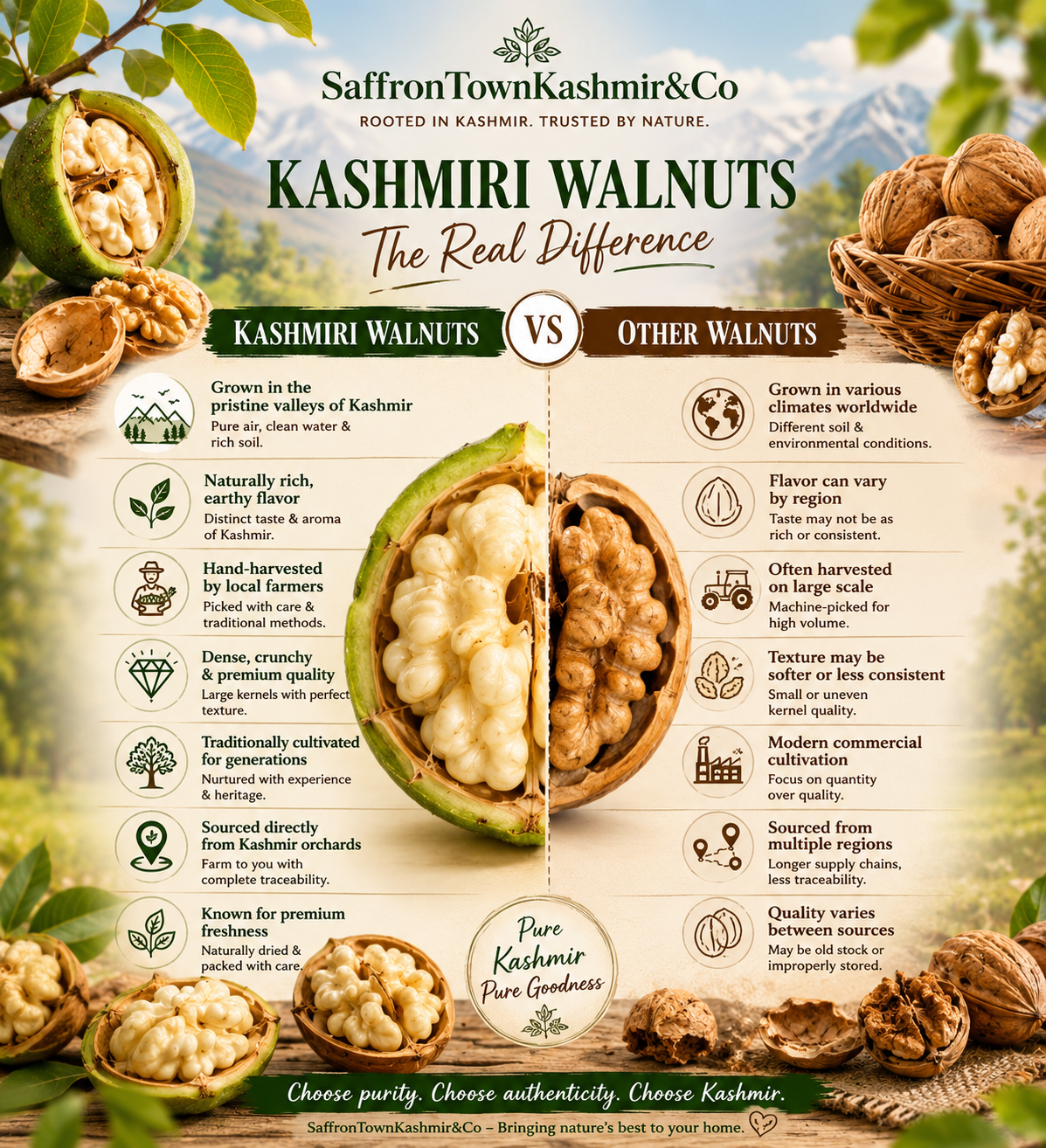 SaffronTownKashmir™ Premium Kashmiri Walnut Kernels Naturally Harvested Akhrot Giri, Heart-Healthy Omega-3 Source, Fresh & Crunchy Dry Fruit for Snacking, Baking & Gifting, Gluten-Free, No Preservatives