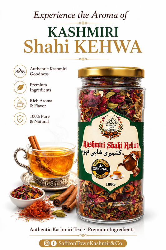 SaffronTownKashmir&Co™ Kashmiri Shahi Kehwa Tea | Traditional Saffron, Rose & Cardamom Blend | Natural Herbal Tea | 100g