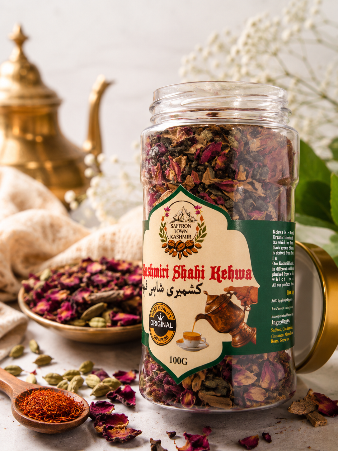 SaffronTownKashmir&Co™ Kashmiri Shahi Kehwa Tea | Traditional Saffron, Rose & Cardamom Blend | Natural Herbal Tea | 100g