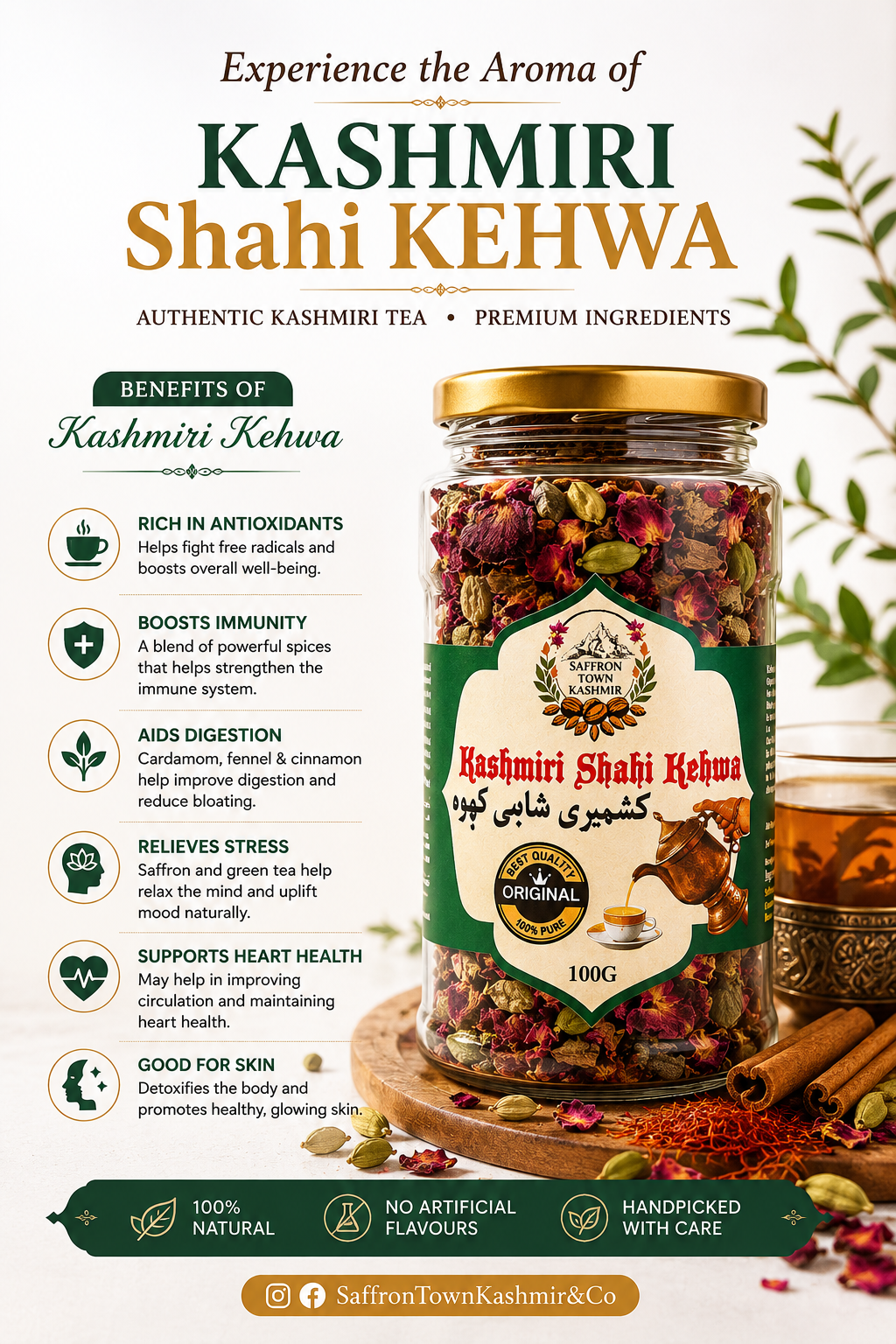 SaffronTownKashmir&Co™ Kashmiri Shahi Kehwa Tea | Traditional Saffron, Rose & Cardamom Blend | Natural Herbal Tea | 100g