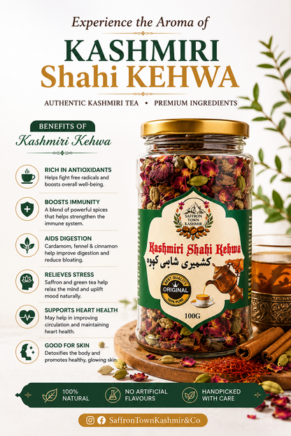 SaffronTownKashmir&Co™ Kashmiri Shahi Kehwa Tea | Traditional Saffron, Rose & Cardamom Blend | Natural Herbal Tea | 100g