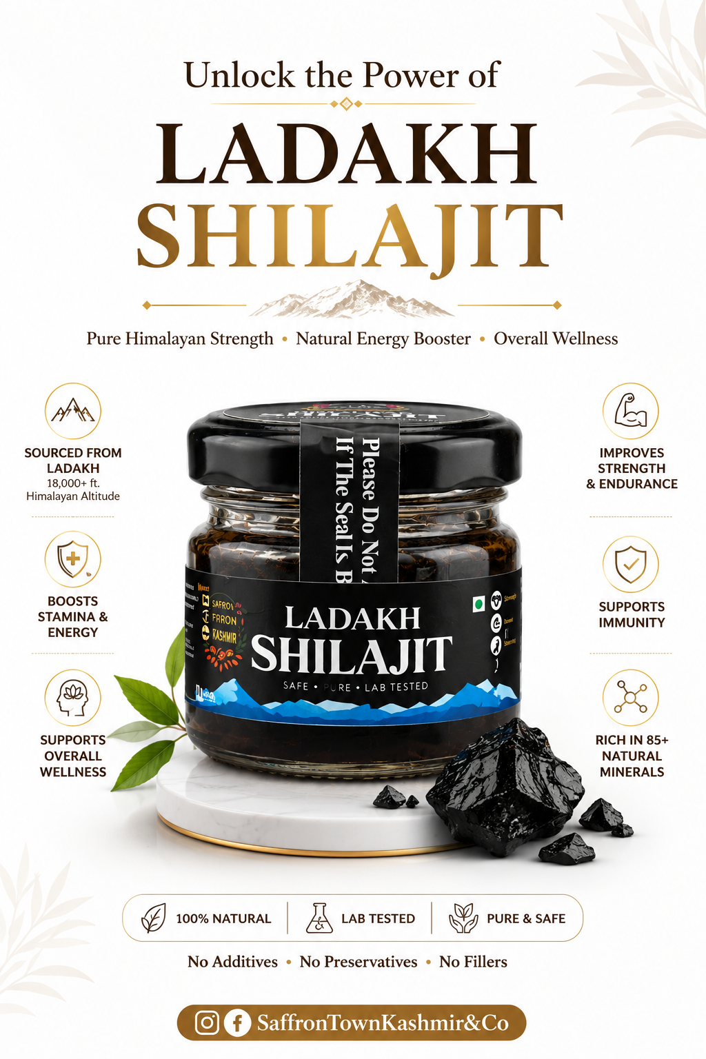 SaffronTownKashmir&Co™ Pure Ladakhi Shilajit Resin | Authentic Himalayan Shilajit | Rich in Fulvic Acid & Trace Minerals | Naturally Harvested & Traditionally Processed