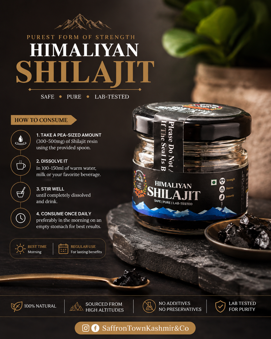 SaffronTownKashmir&Co™ Pure Ladakhi Shilajit Resin | Authentic Himalayan Shilajit | Rich in Fulvic Acid & Trace Minerals | Naturally Harvested & Traditionally Processed